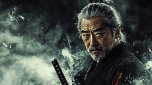 Stoic elderly samurai warrior with sword in dark mist