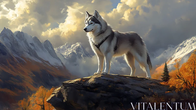 Proud husky gazes over golden autumn mountains at sunset