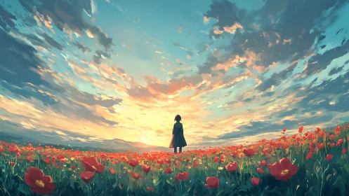 Solitary figure greets a glowing sunset above scarlet poppies