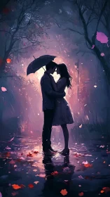 Silhouetted Couple Embracing Under Umbrella in Rain.