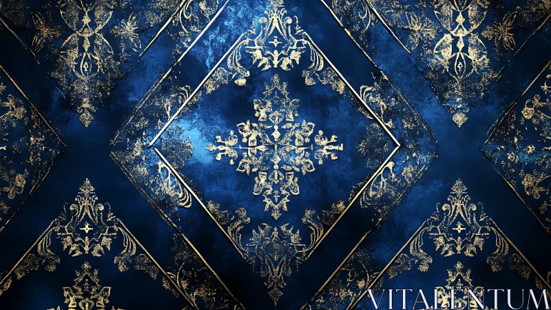 Ornate blue velvet ground with distressed gilded damask panels