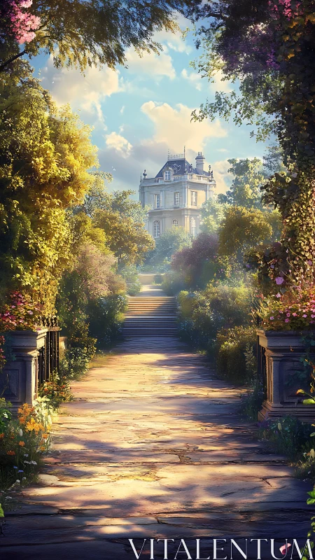 Sunlit garden path leads toward an elegant distant manor.