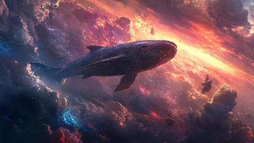 Sky whale drifts gently through glowing cosmic clouds