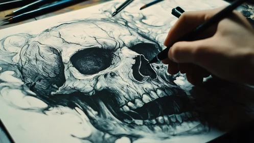Skull sketch in swirling ink, captured mid-creation.