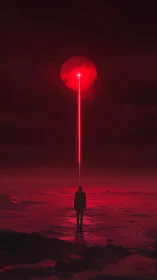 Solitary figure studies scarlet moon pierced by vertical beam