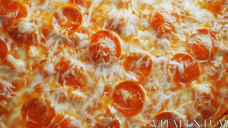 Macro overhead of baked pepperoni and melted mozzarella pizza