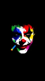 Multicolored clown face portrait on black background.