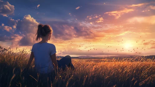 Woman in tall grass watches a glowing, painted sunset sky.