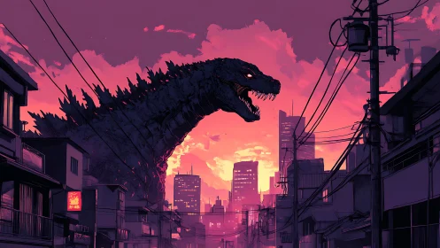 Colossal reptilian kaiju intersecting neon dusk city grid.