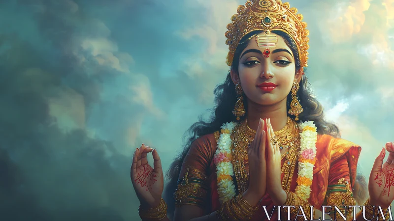 Divine Hindu goddess portrait in ornate golden regalia.