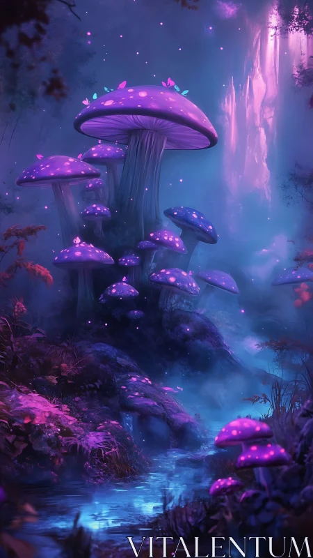 Luminescent Forest Fungi in Vertical Fantasy Composition.