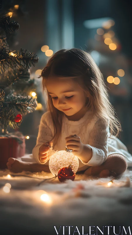 Child sits by Christmas tree holding glowing ornament carefully