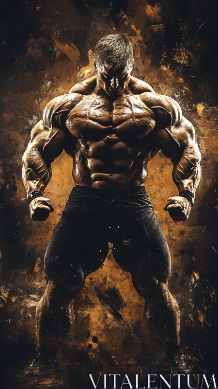 Muscular titan silhouettes against molten abstract backdrop.