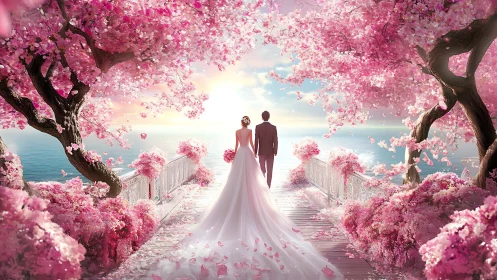 Bride and groom on pink blossom pier at ocean sunset.