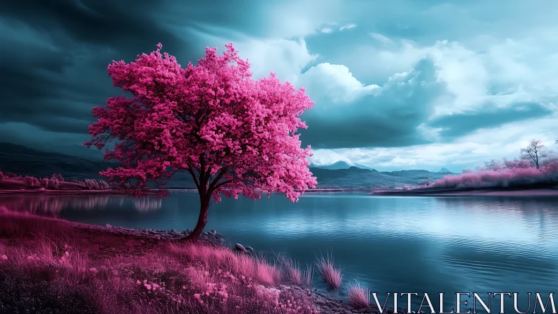 Solitary pink tree stands beside reflective lake under clouds