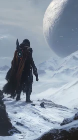 Lone sci-fi wanderer on icy alien ridge under huge moon.