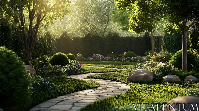 Sunlit garden path winding through a peaceful green retreat.