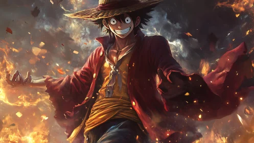 Straw hat warrior commands roaring firestorm in battle
