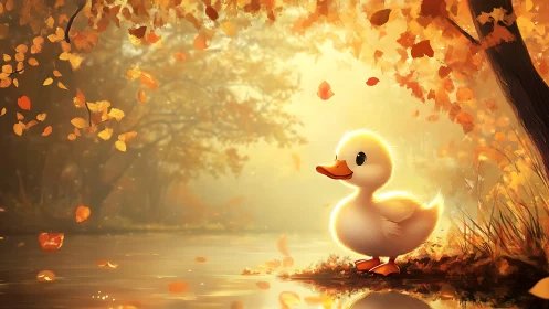 Backlit duckling studies autumn foliage in golden river haze