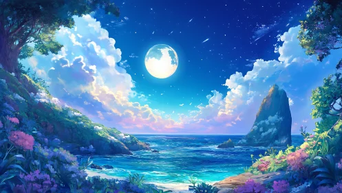 Luminous moonlit cove with lush cliffs and iridescent surf.