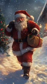 Santa Claus walks through snowy yard with gift sack.