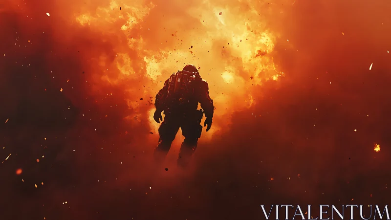 Armored Figure in Explosive Environment.