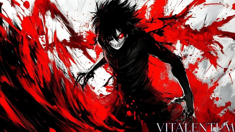 Monochrome figure stands amid high-contrast red splatter field