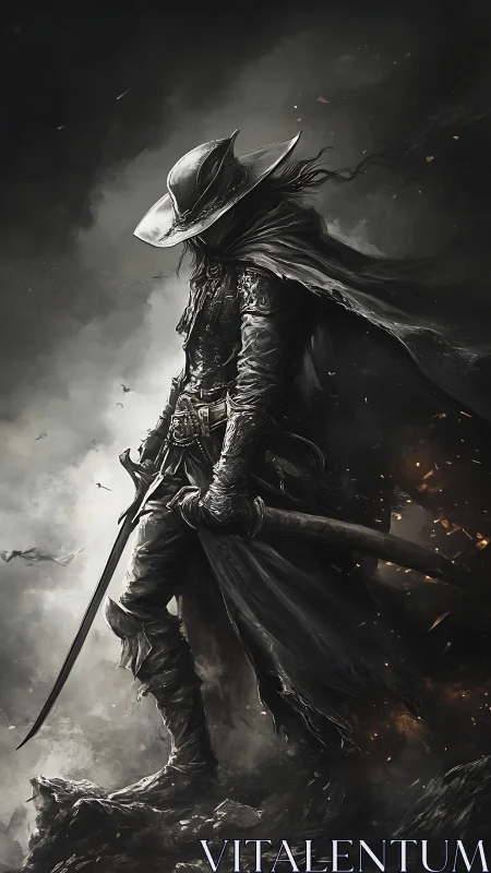 Solitary cloaked swordsman in dark, wind-swept environment.