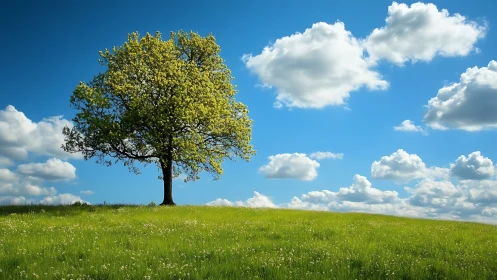 Solitary Tree on Lush Meadow Under Bright Blue Sky, Realistic Landscape.