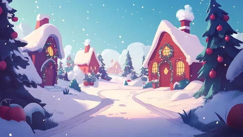 Snow-covered holiday village with glowing cottage lights.