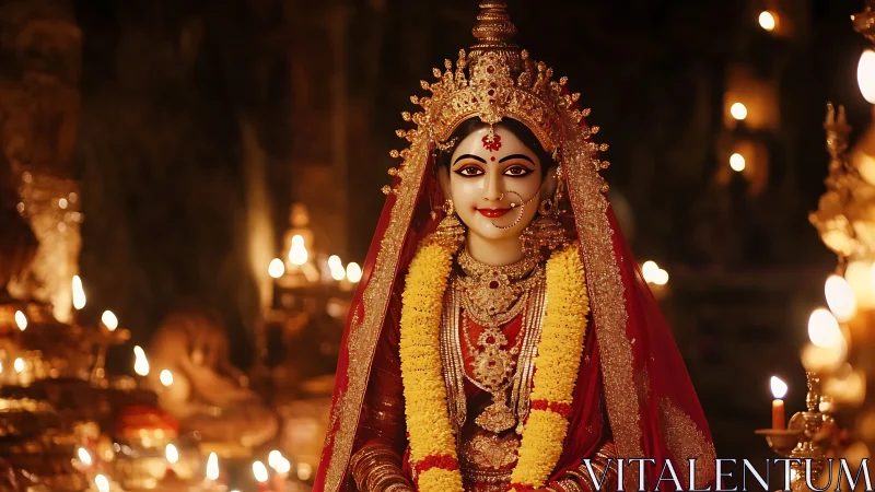 Divine goddess idol in ritual shrine with warm candle bokeh.