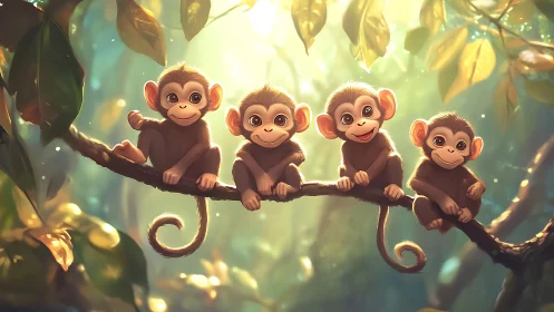 Soft-lit stylized baby monkeys sit aligned on a branch in jungle