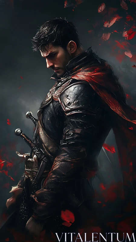 Armored swordsman in profile with red cape and embers.