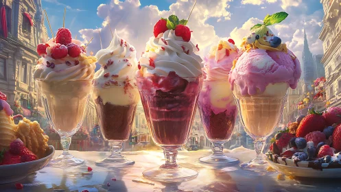 Row of decorated ice cream sundaes stands on reflective table