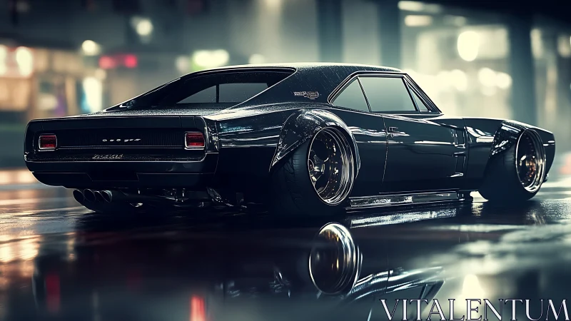 Black custom muscle car parked on wet neon city street.