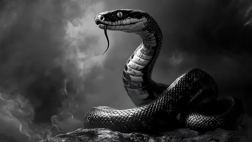 Coiled black snake poised on rock in smoky darkness.
