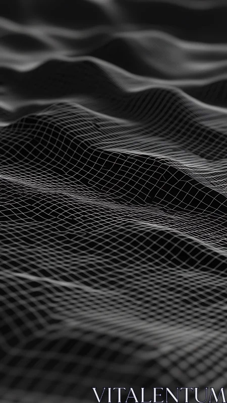 Monochrome wireframe waves forming abstract 3D surface.