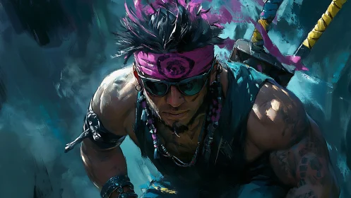 Bandanaed swordsman in teal environment with neon accents.