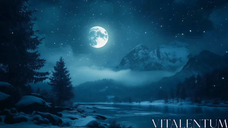 Full moon illuminates snowy mountain lake under stars