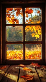 Golden autumn meadow framed by rustic wooden window.