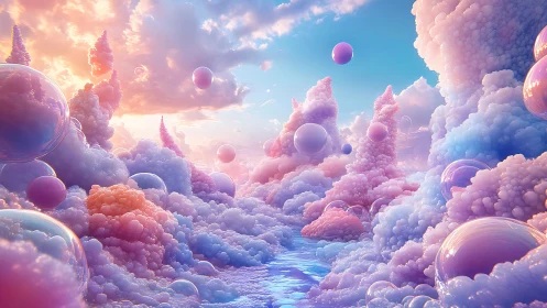 Layered pastel cloudscape with floating reflective spheres.