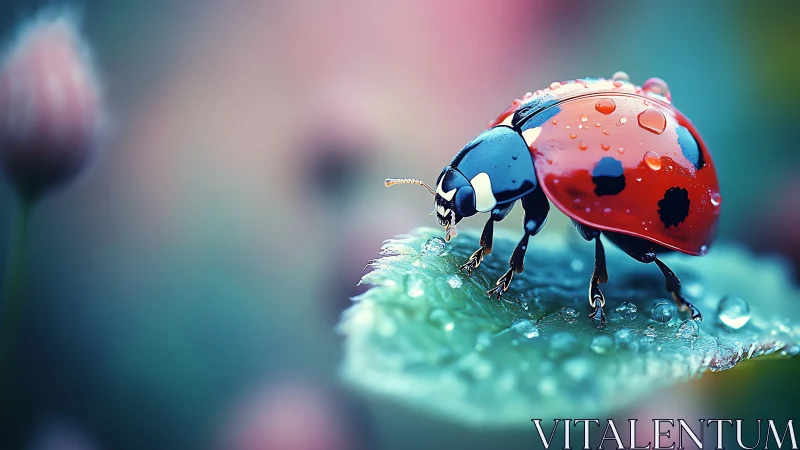 Ladybug strolls through dewy leaf in dreamy garden light.
