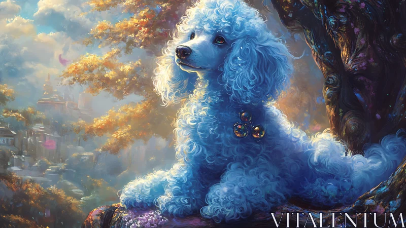 Blue curly dog on tree branch in luminous landscape.
