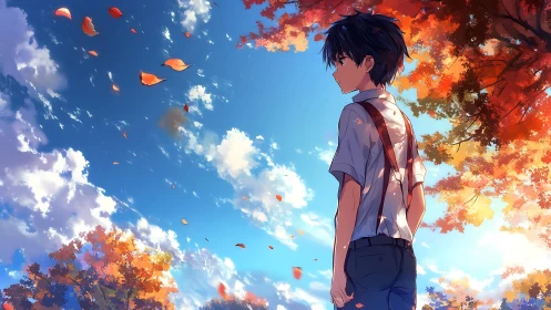 Autumn anime boy stands beneath vivid sky and swirling leaves