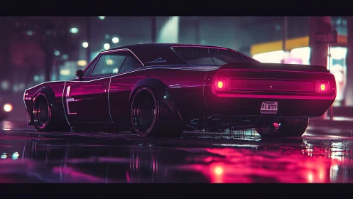 Neon-soaked muscle car glows softly in a rainy city night