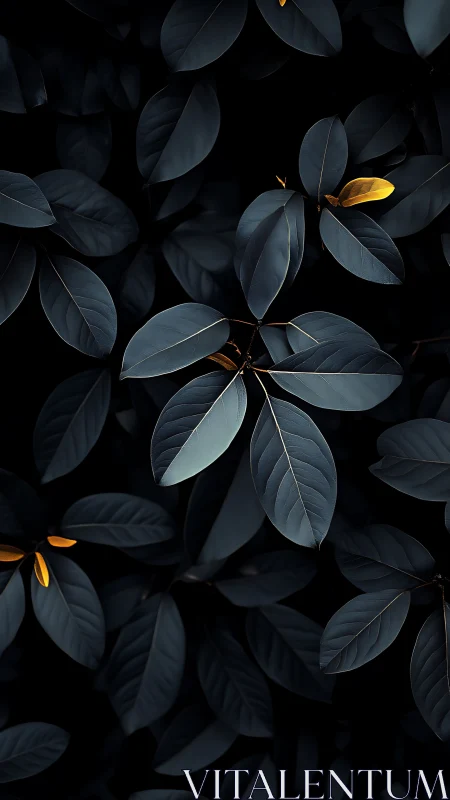 Macro botanical study of dark teal foliage with golden tips