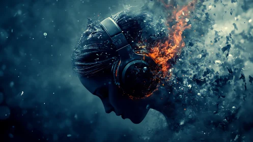 Headphone-clad profile dissolves into blazing sonic energy.