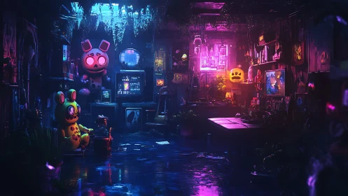 Neon lit workshop with eerie animatronic toys at night.
