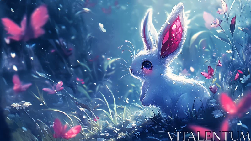 Bioluminescent meadow leporid observing luminous butterflies.