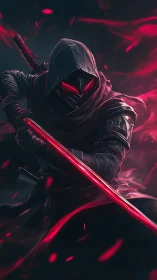 Crimson shadow ninja poised with glowing blade in stormed dusk.